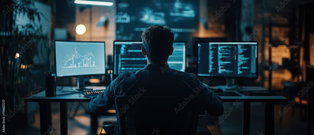 Poster individual working on computers in a dimly lit environment with colorful lighting during nighttime