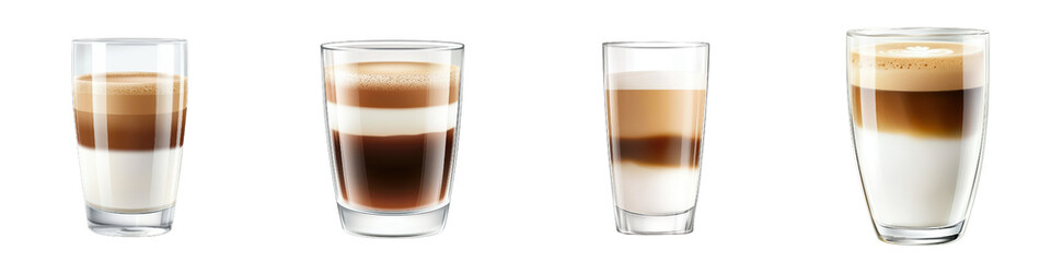 Delicious latte glasses with layers of milk and coffee, showcasing modern design and rich textures. Perfect for coffee lovers and aesthetic enjoyment