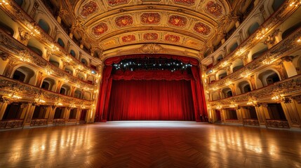 Obraz premium Ornate Gold Theater Stage, Red Curtains, Grand Auditorium