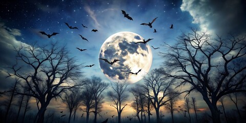 Nightfall Bats, Moonlit Forest, Halloween Composition