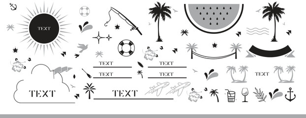 Cute Summer Stickers Set for daily planner. Collection of scrapbooking elements for beach party. Tropical vacation.