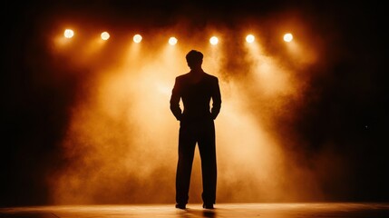 Fototapeta premium Silhouette Stage Performance Man, Spotlight, Smoke, Dramatic, Solo, Backlit, Mysterious, Theater, Or