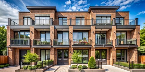 Obraz premium Modern Brick Townhouses Architectural Photography of Three-Unit Complex under Blue Sky