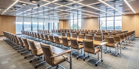 Modern Conference Room Rows of Beige Chairs, Wood Accents, Grid Ceiling, City View