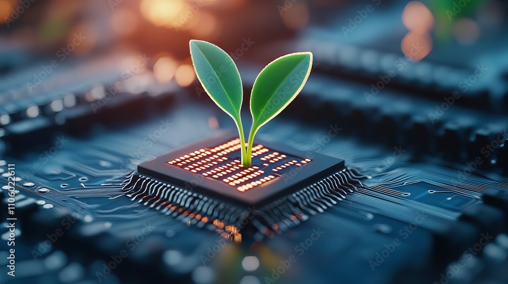 Poster a close-up view of a microchip with two green seedlings sprouting from it, symbolizing the fusion of