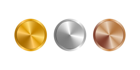 Award golden, silver and bronze medals. First, second and third place medals, coins or buttons isolated on white background. 3d vector realistic illustration