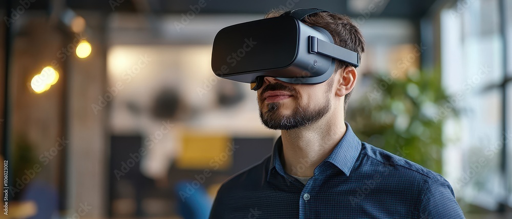 Poster engaging in immersive virtual reality experience in a modern workspace environment