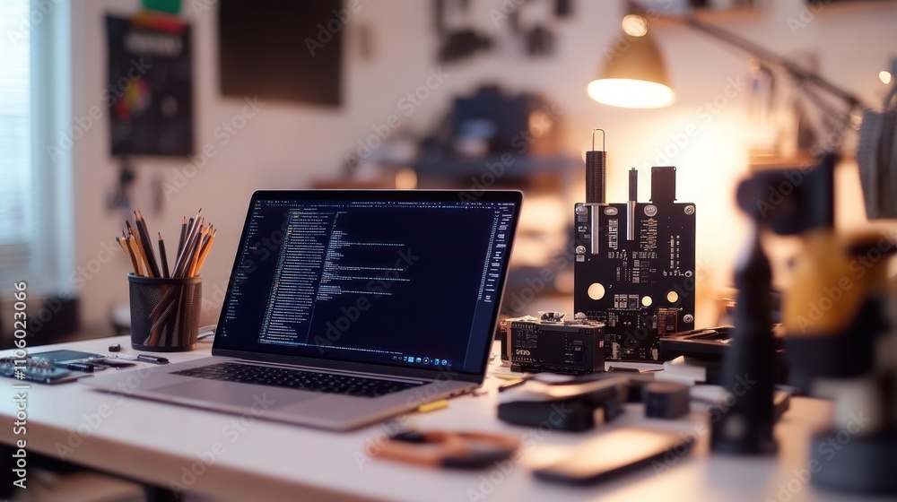 Poster Laptop Displaying Code On A Desk With Electronics