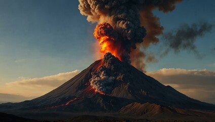 Erupting volcano with flowing lava and ash clouds.