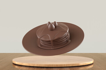 A chocolate cake with chocolate icing is on a wooden table