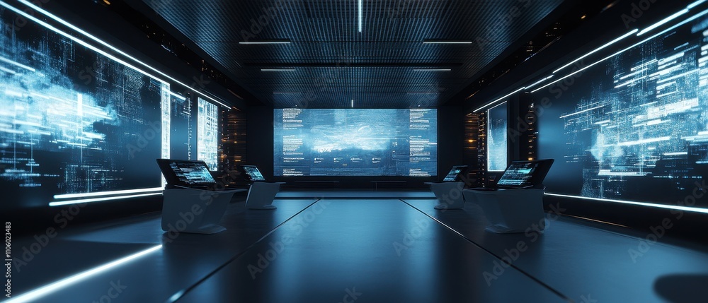 Poster futuristic control room with advanced technology and digital displays monitoring data in a sleek env
