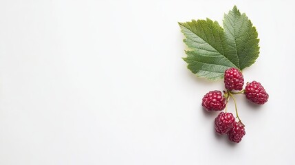 A small cluster of ripe raspberries with green leaves, arranged on a white background.