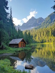 Fototapeta premium Cabin by a lake with mountains in the background.