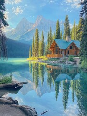 Fototapeta premium Cabin reflected in a mountain lake.