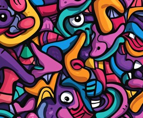 Colorful abstract artwork filled with playful shapes and faces