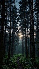 Fototapeta premium Ethereal and serene moonlit forest at twilight.