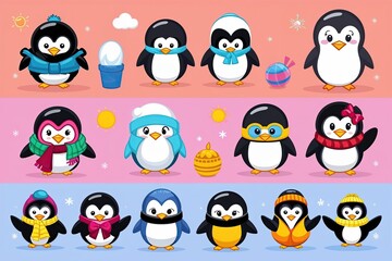 Fototapeta premium Vivid Flat Illustration Collection of Adorable Cheerful Penguin Cartoon Characters