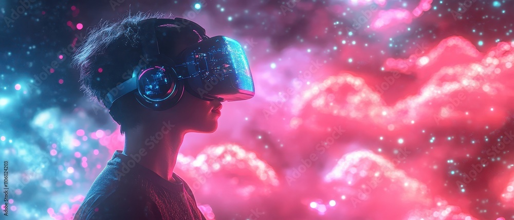 Poster young person experiencing virtual reality with colorful lighting effects in an abstract setting surr