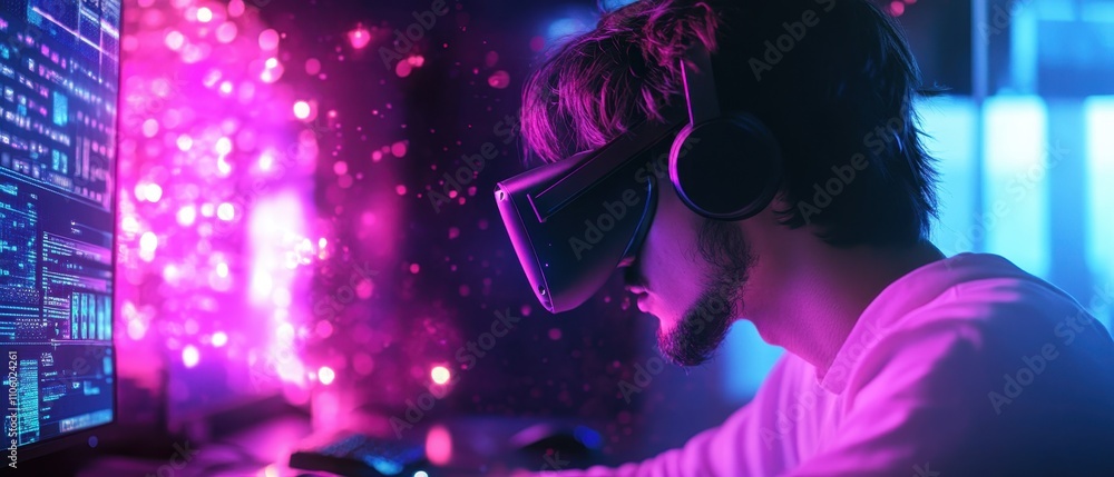 Poster young person experiencing virtual reality with colorful lighting effects in an abstract setting surr