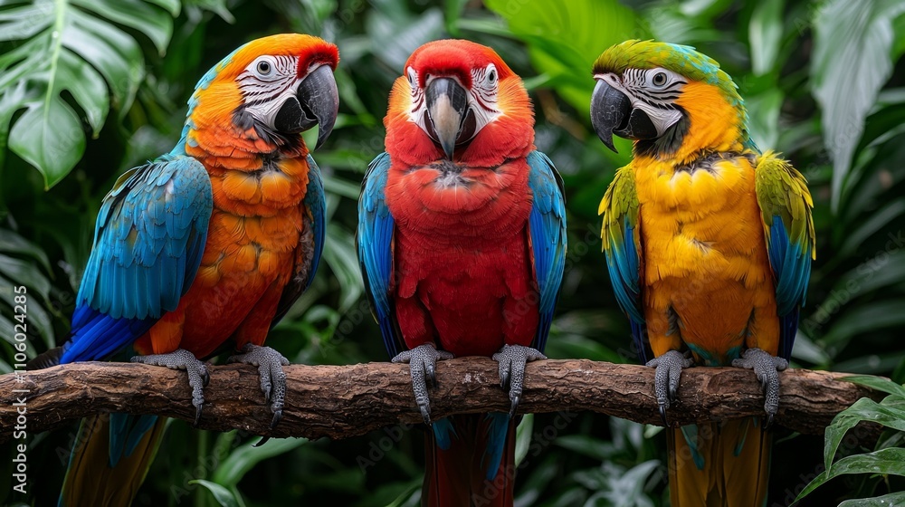 Poster lively arrangement colorful parrots are seen perched branches dense rainforest displaying array brig