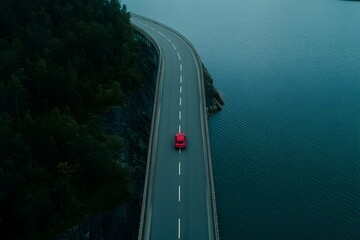 Aerial view of bridge road with red car over blue water lake and green woods