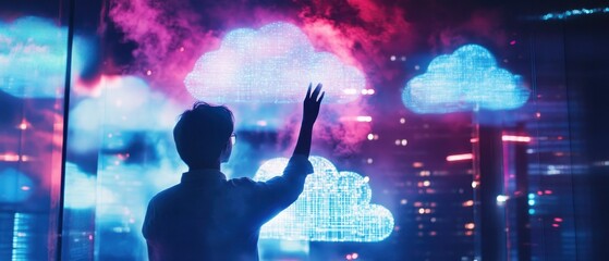 Programmer working late at night surrounded by multiple monitors displaying cloud data and coding activities in a dimly lit office