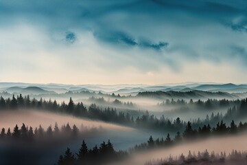 Obraz premium Dreamy Watercolor Landscape with Soft Focus and Tranquil Blue Sky