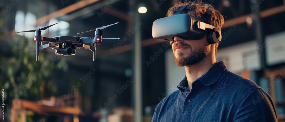 Aufkleber man using virtual reality headset to control drone indoors in a modern workspace during daytime