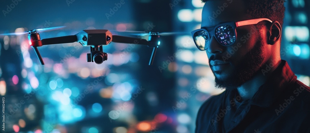 Poster man using virtual reality headset to control drone indoors in a modern workspace during daytime