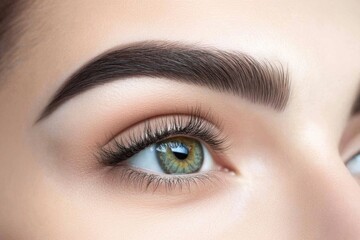 Fototapeta premium Close-Up Portrait of Young Woman's Beautiful Eye, Perfect Smooth Skin, Perfectly Shaped Eyebrow and Luscious Long Lashes. Beauty Products, Cosmetics, Make-Up. Advertisement of Eco Treatment, Skin Care