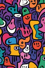 Colorful abstract pattern with playful faces and shapes