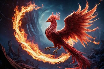 Fototapeta premium Captivating Digital Art of a Phoenix Wrapped in Flames in a Fantasy Landscape