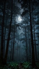 Fototapeta premium Ethereal, foggy twilight forest with moonlight.