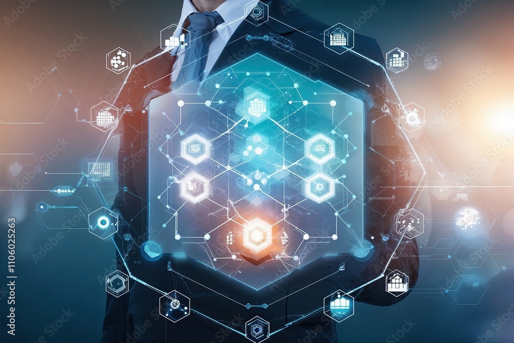 Poster dynamic technology background with hexagon network and digital data representation