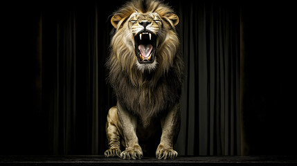 Experience the raw power of a lion roaring with intensity. This stunning image captures the essence...