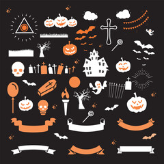 A set of Halloween silhouette elements on a white background. Set of icons for celebration. Vector illustration