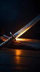 Obraz premium Wallpaper of Japanese Samurai Katana Closeup Dark Light Wallpaper of Sharp Steel Weapon