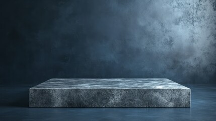 A sleek stone podium with angular edges, standing firmly on a smooth dark blue background