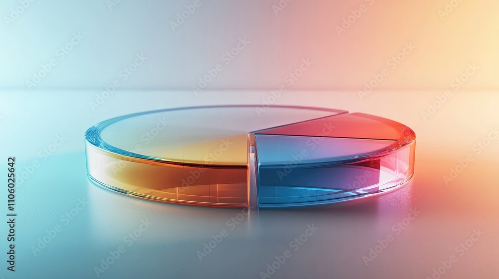 Poster a sleek 3d pie chart with glass-like segments, reflecting light in a modern, minimalist setting, emp
