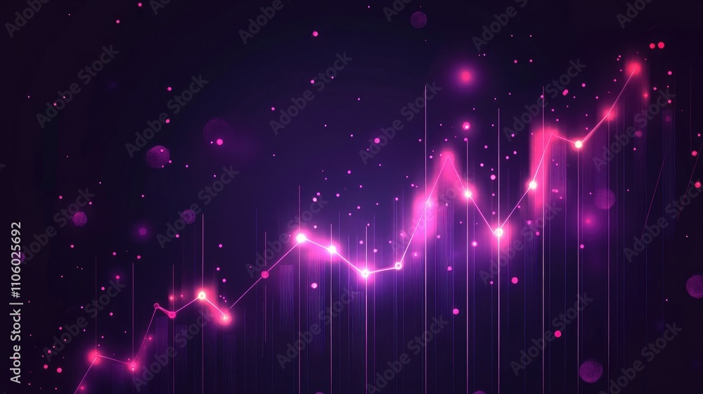 Poster a sleek financial graph with rising lines and glowing data points, set against a dark background, re