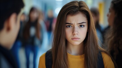 Obraz premium Teenage Girl Sad School Hallway Bullying Upset Anxious Depressed Worried