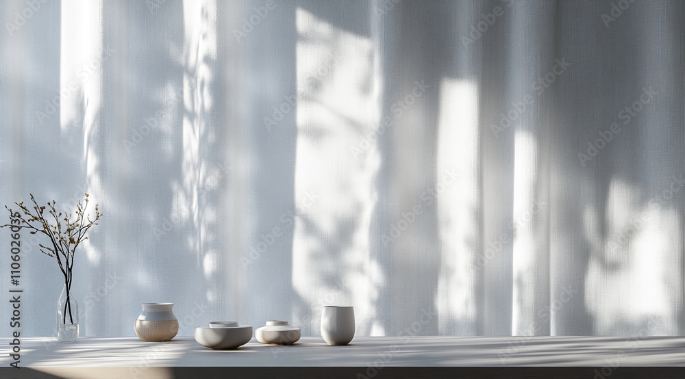 Poster Soft light filters through sheer curtains illuminating a serene table setting with ceramic vessels and a delicate branch