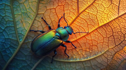 Fototapeta premium A small, iridescent beetle exploring the veins of a large, dew-covered leaf in the morning light, showcasing the beauty of nature details.