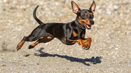 Miniature Pinscher Running in Full Stride at Beach. Dog Playing and Pouncing with Fast Action