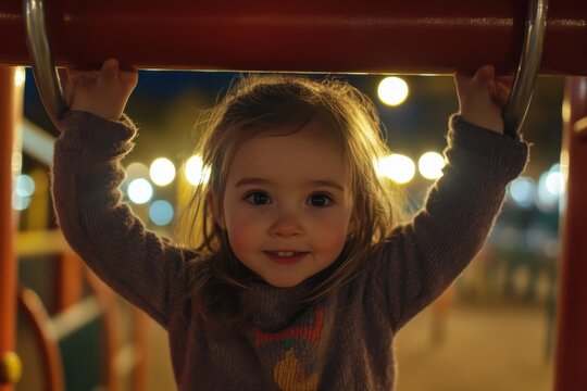Monkey Bars. Active Caucasian Child Playing Alone on Colorful Playground