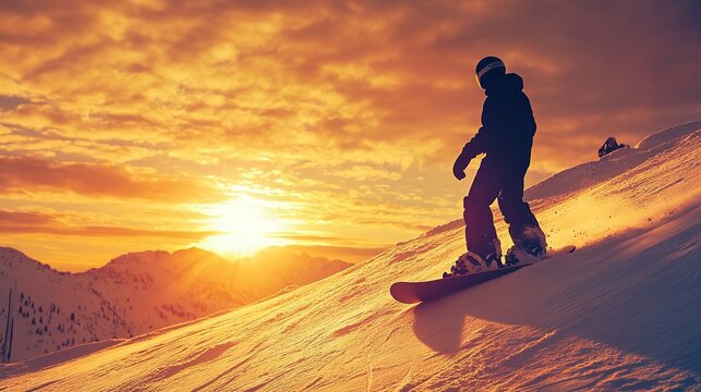 Snowboarder slides down mountain slope at sunset
