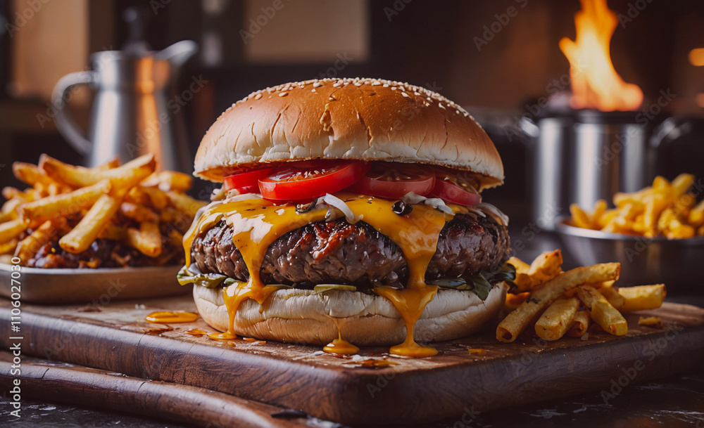 Poster burger with cheese and tomatoes on top of it. there are also french fries on the table