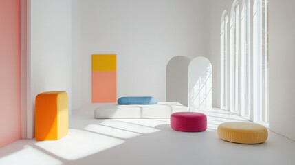 Bright and Minimalist Room with Colorful Accent Pieces Featuring Soft Geometry and Natural Light for Modern Interior Design Inspiration