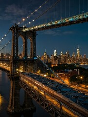 Fototapeta premium Evening flight near the Manhattan Bridge with a view of downtown NYC.