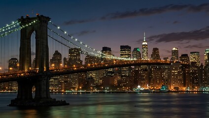 Fototapeta premium Evening flight near the Manhattan Bridge with NYC skyline.